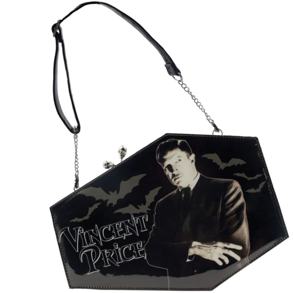 Vincent Price Deluxe Coffin Black Patent Shoulder or Clutch Purse NWT